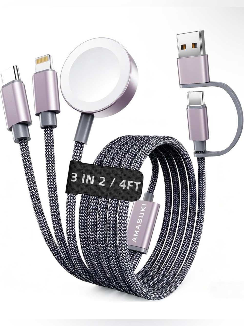 3-in-2 Charging Cables. Compatible w/all type-c iPhone/iWatches. Silver NWT